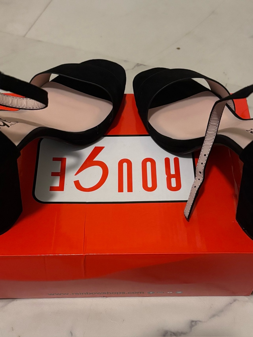 Rouge Helium Black Suede Open-Toe Ankle Strap Heels